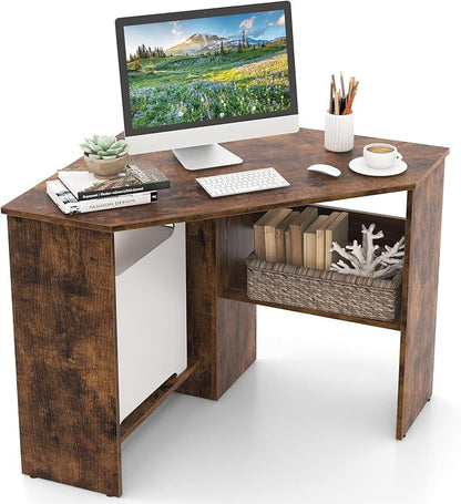 GOFLAME Corner Desk with Storage Shelves, Triangular Computer Desk with Cable Management Holes, Laptop Workstation for Small Space, Makeup Vanity Desk for Living Room, Study, Rustic Brown