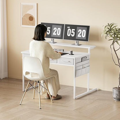 Maihail Small Desk with Drawers, 39.4X15.8-22.9 Inches Office Computer Desk with Side Pocket & Ergonomic Monitor Stand, Writing Table for Small Spaces, Bedroom, White
