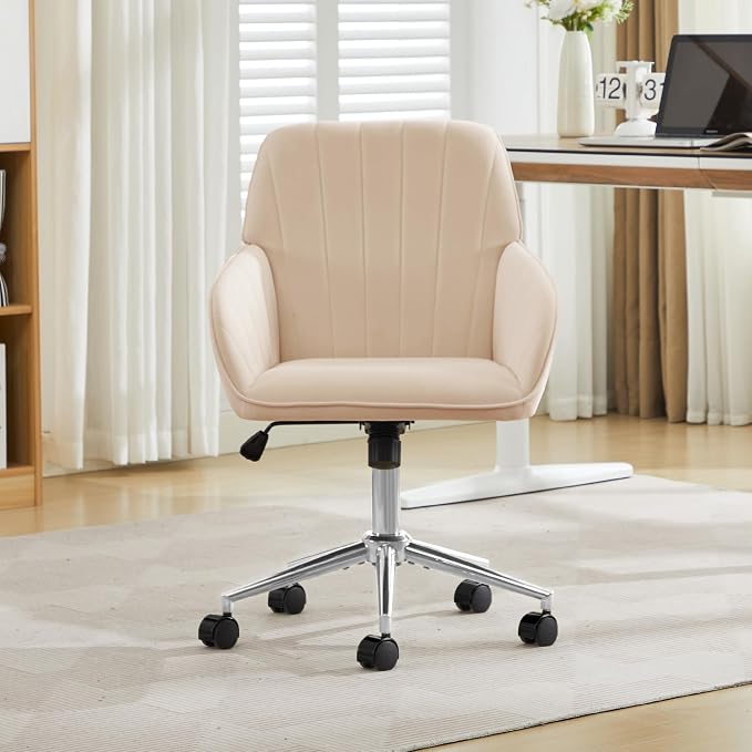 YITAI Velvet Office Desk Armchairs with Silver Base and Wheels,Modern Height Adjustable 360 Degree Swivel Upholstered Vanity Chairs for Living/Room Bedroom/Study,Khaki