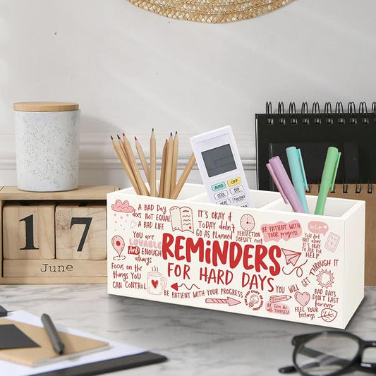 Bookmark Holder Decor Wooden Pen Pencil Holder for Desk, Reminders for Hard Days Wood Makeup Holder Organizer for Room Library