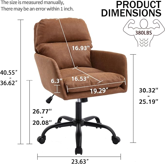 YITAI Adjustable Home Office Desk Chair with Comfy Square Mid-Back, Faux Leather 360 Swivel Upholstered Task Armchair with Wheels for Vanity Bedroom/Living Room,Study Brown