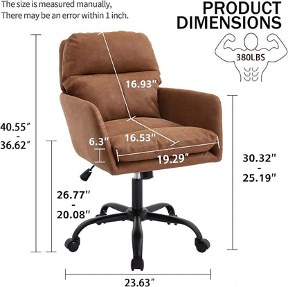 YITAI Adjustable Home Office Desk Chair with Comfy Square Mid-Back, Faux Leather 360 Swivel Upholstered Task Armchair with Wheels for Vanity Bedroom/Living Room,Study Brown