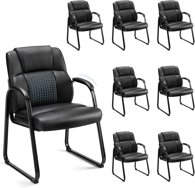 Sweetcrispy Waiting Room Guest Chair Set of 8, Leather Stationary Office Reception Chairs No Wheel, Comfy Padded Arms and Seld Base, for Conference Room Lobby Home Desk Bedroom Elderly, Black