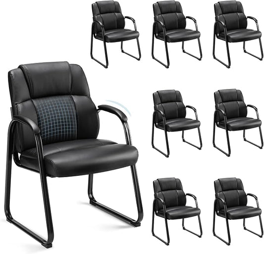 Sweetcrispy Waiting Room Guest Chair Set of 8, Leather Stationary Office Reception Chairs No Wheel, Comfy Padded Arms and Seld Base, for Conference Room Lobby Home Desk Bedroom Elderly, Black