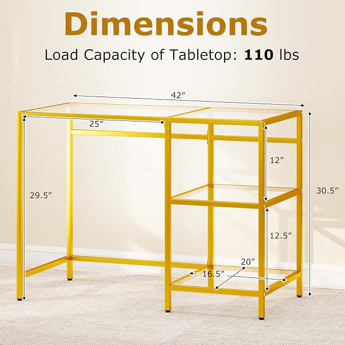 GOFLAME Computer Desk with Shelves, 42” Home Office Desk with Metal Frame, Tempered Glass Study Writing Table, Modern Simple PC Desk for Living Room Bedroom (Golden)