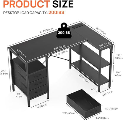 Alpen Computer Desk with Drawers, L Shaped Desk for Bedroom with Power Outlets, Gaming Table with 3 Drawers and Shelves, Corner Desk for Gaming, Study Writing PC Table, 47 Inch, Black