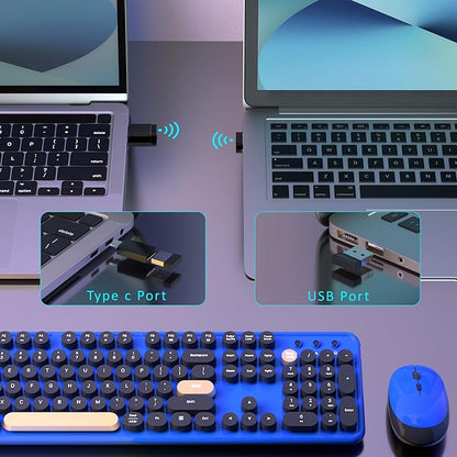 Colorful Wireless Keyboard and Mouse Combo, Retro Typewriter Style Round Keys, 2.4GHz Ergonomic Aesthetic Computer Keyboard with Wrist Rest for Mac, Windows, Laptop, PC(Klein Blue)