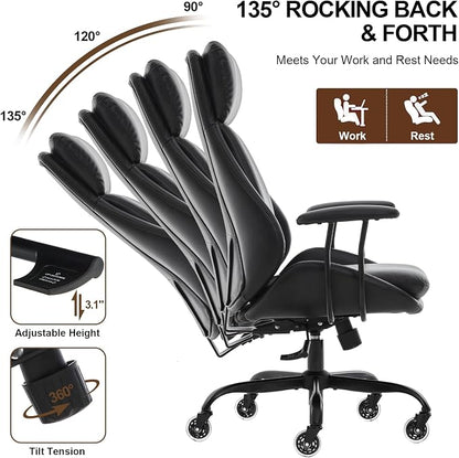 E-Motie Office Chair, Leather Desk Chair with Rubber Wheels, Ergonomic Computer Chair 500 LBS with Lumbar Support, High Back Executive Chair for Modern Home Office, Black