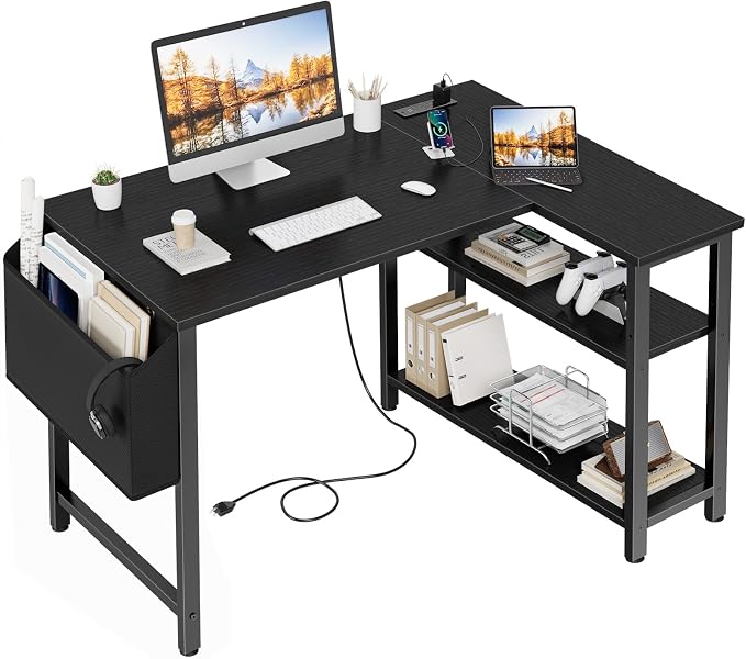 Lufeiya Small L Shaped Desk with Power Outlet Shelves, 40 Inch Corner Computer Desk for Small Space Home Office, L-Shaped Gaming Desk PC Desks with Charging Station, Black