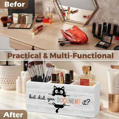 Funny Black Cat Pencil Pen Holder for Desk Organizer, Black Cat Gifts, HR Human Resource Gifts, But Did You Document It Wooden Box Decorations for Office Workplace Desk Tabletop Decor