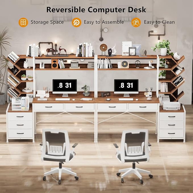 YOMILUVE Reversible Computer Desk with Hutch, Home Office Desk with 5 Drawers and Bookshelf, 52'' Study Writing Desk with Storage Shelves for Bedroom Home Office, Brown and White