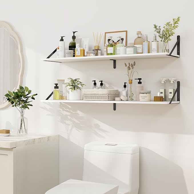 Heimlove White Deep Floating Shelves for Wall, 40W x 8D Wood Wall Shelves Set of 2, Wide Floating Bookshelf for Living Room, Kitchen, Office, Bedroom and Decor Storage, with Black Bracket - White