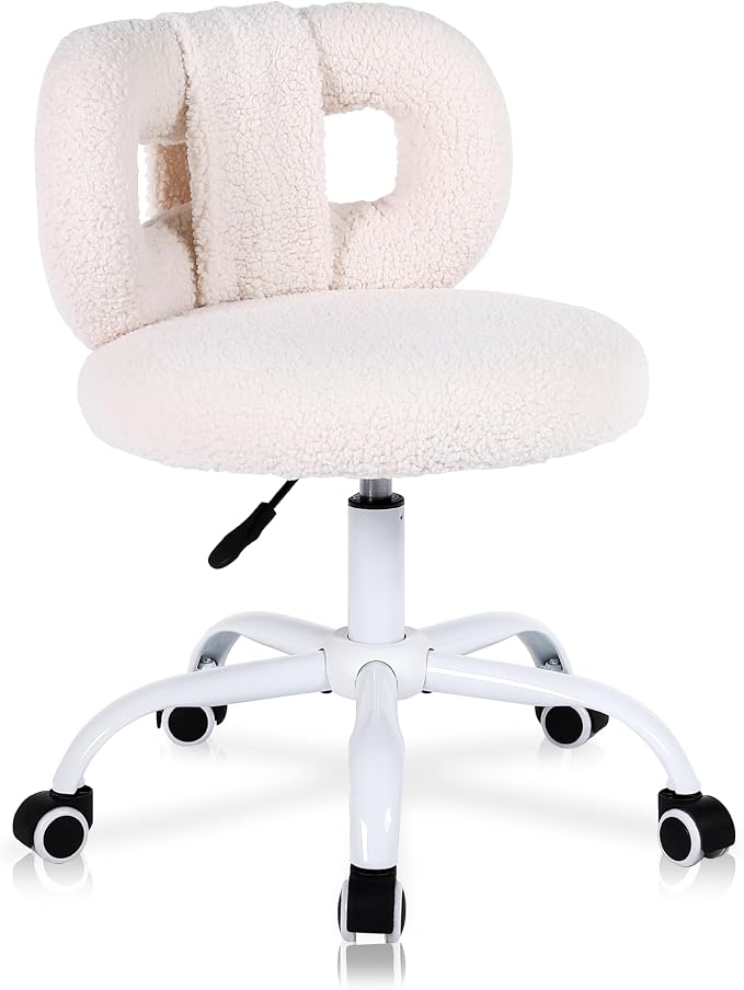 Modern Faux Cashmere Home Office Chair, Height Adjustable Desk Chair with Back and Wheels for Living Room, Swivel Make-up Vanity Armless Chairs for Girls and Women (1, Cream)