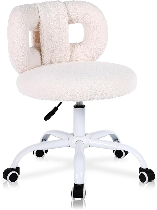 Modern Faux Cashmere Home Office Chair, Height Adjustable Desk Chair with Back and Wheels for Living Room, Swivel Make-up Vanity Armless Chairs for Girls and Women (1, Cream)