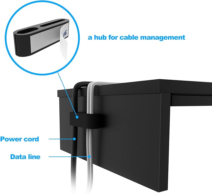 1home Ergonomic Monitor Stand Riser, 21.3 Inch Wood Desktop Stand with Cellphone Holder and Cable Management, Black