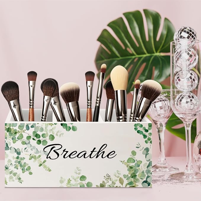 Sage Green Eucalyptus Breathe Makeup Brush Toothbrush Holder Organizer for Bathroom, Green Botanical Wooden Pen Pencil Holder for Office Desk Accessories