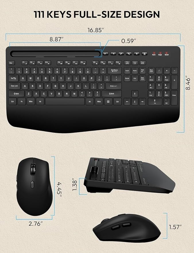 Wireless Keyboard and Mouse Combo - Full Size Ergonomic Wrist Rest, Silent Typing, Phone Holder, 2.4 GHz, 3 Level DPI, Batteries Powered, KM23D Set Compatible with PC, Laptop, Windows, macOS -SABLUTE