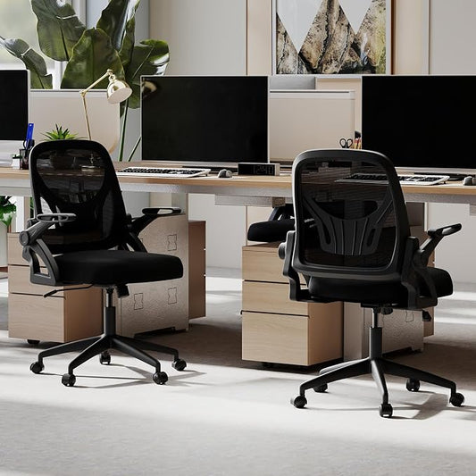 COSTWAY Office Chair, Comfy Swivel Rolling Desk Chair with Adjustable Height & Flip-Up Armrests, Ergonomic Mesh Computer Chairs with Lumbar Support for Working & Gaming (Black)