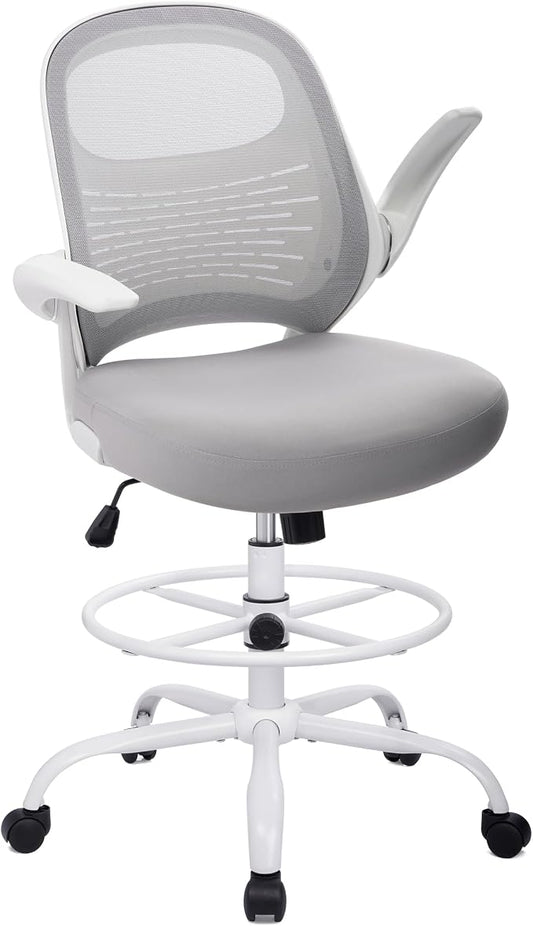 HYLONE Tall Drafting Chair Standing Desk Chair with Flip-Up Armrests, Adjustable Height Ergonomic Office Chair with Footrest Ring - High Stool Chair for Standing Desk (Light Grey)