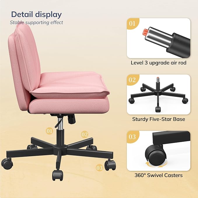 DurayLoly Criss Cross Office Chair with Wheels, Cross Legged Office Chair with 2 Layer Comfty Leather, Armless Wide Vanity Chair for Home Office, Pink