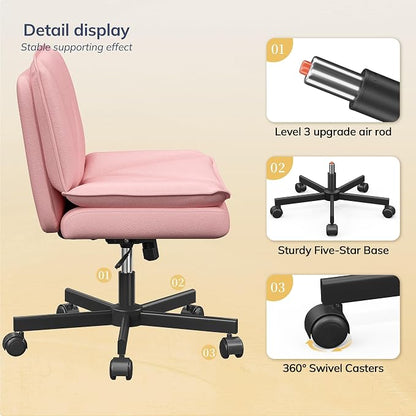 DurayLoly Criss Cross Office Chair with Wheels, Cross Legged Office Chair with 2 Layer Comfty Leather, Armless Wide Vanity Chair for Home Office, Pink