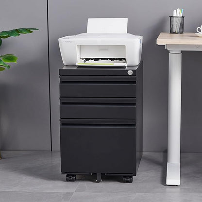 3-Drawer Mobile File Cabinets Black File Cabinet Under Desk Metal Filing Cabinet Rolling Metal Filing Cabinet for Legal and Letter Files with Anti-Tilt Design with Locking Fully Assembled (Black)