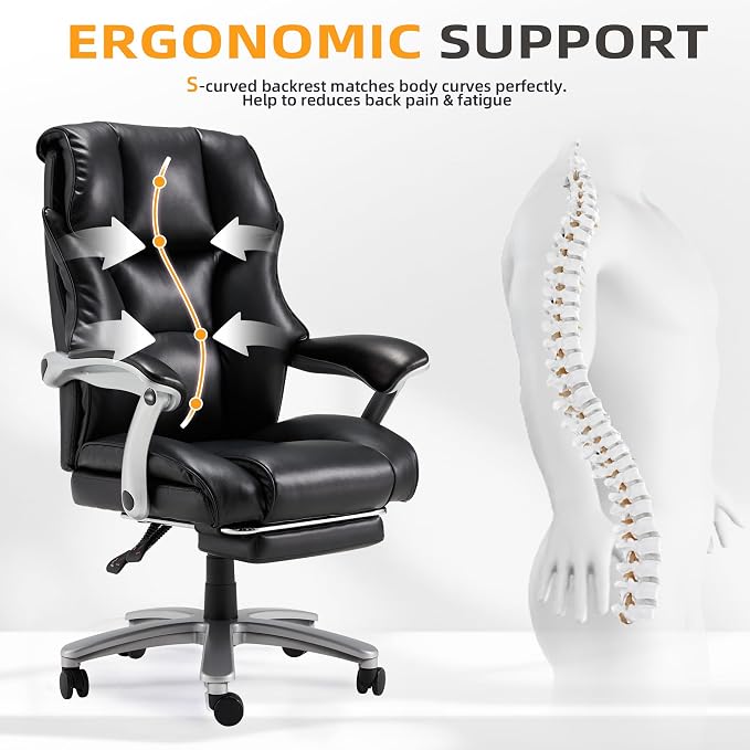 HOMREST Big and Tall Heavy Duty Office Chair 550LBS, Ergonomic Leather Executive Chair with 155° Recline, Large Back Pocket &Footrest, Computer Desk Chair for Heavy People, All Black