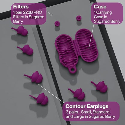 EARPEACE Everyday Noise Control & Noise Reduction Ear Plugs - High-Fidelity Earplugs, Comfortable & Reusable Earplugs for Travel, Sleep, Work, Snoring Blocking, Includes Carrying Case - Sugared Berry