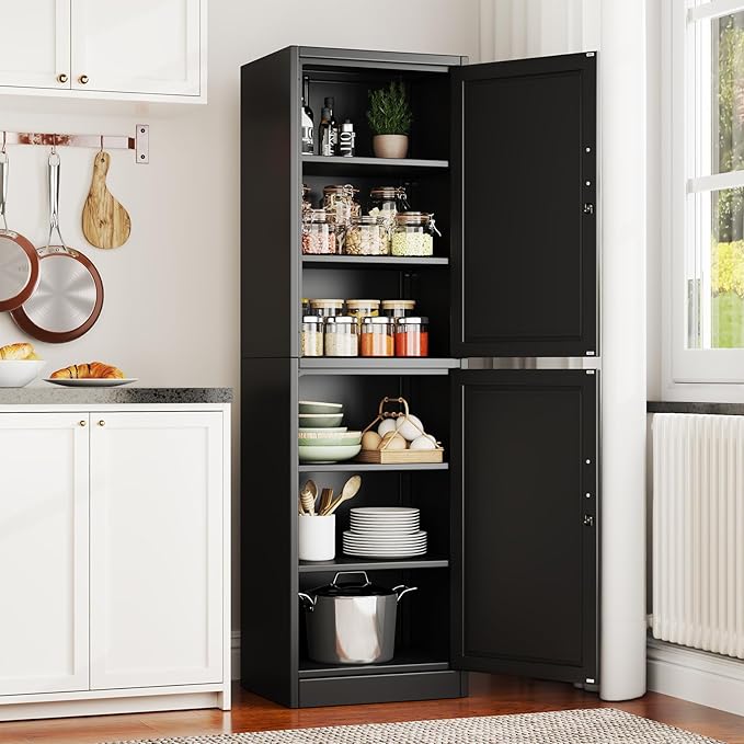 pozdeg 67" Metal Storage Cabinet with Lock, Tall Narrow Office File Cabinets with 2 Doors & 4 Adjustable Shelves, Metal Steel Locker for Home, School, Office, Garage or Gym (Black)