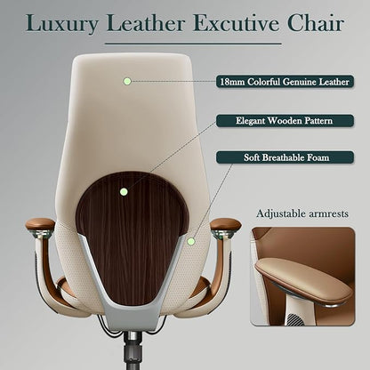 Ergonomic Genuine Leather Office Chair, Executive Chair with Tilt Adjustable High Back and Lumbar Support, 400lbs Weight Capacity Metal Base with 360° Flexible Wheels (Brown)