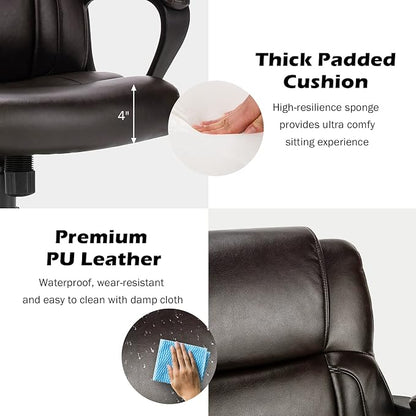 Giantex Leather Executive Chair, Ergonomic Mid Back Computer Desk Chair with 4" Thickened Cushion, Soft Padded Armrests, Height Adjustable Modern Swivel Task Chair for Home Office Study, Brown