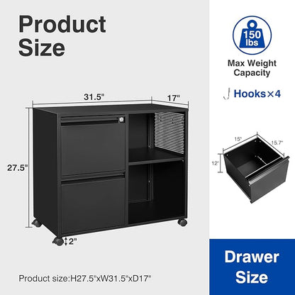 BYNSOE 2-Drawer File Cabinet Mobile Filing Cabinet with Lock Lateral File Cabinet Printer Stand with Open Storage Shelves for Home Office (Black, Left Drawer)