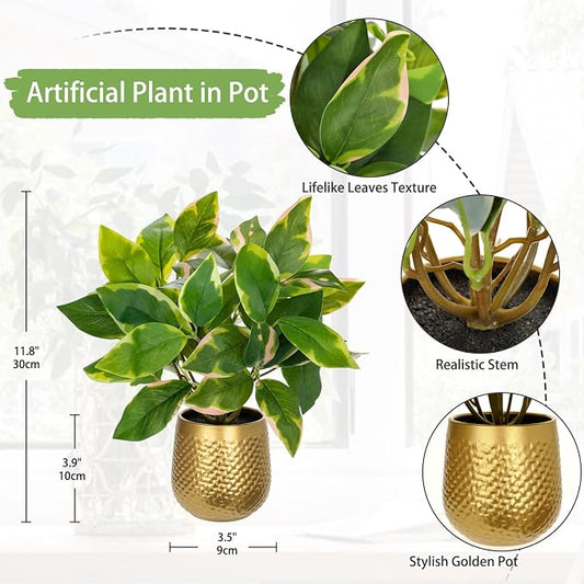 Oairse Articicial Plants Indoor Small Fake Plants in Pots Faux Pothos N‘ Joy Potted Plant Fake Indoor Plants with Gold Pots for Bathroom Living Room Office Desk Shelves