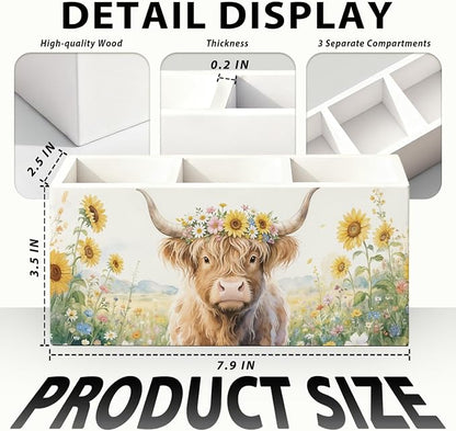 Highland Cow Floral Pen Pencil Holder for Desk, Highland Cow Gifts, Western Office Decor, Rustic Western Cattle Farm Animal Wooden Box Sign Decorations for Home Office Desk Tabletop