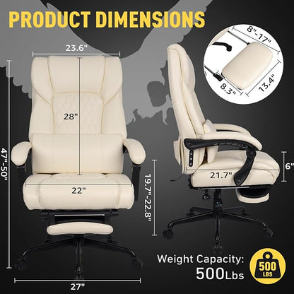 3D Kneading Massage Office Chair with Heat, 500 lbs Big and Tall Executive Computer Desk Recliner, Leather Electric Heated Office Chairs with Massage & Footrest