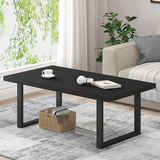 IBF Modern Black Coffee Table, Minimalist Industrial Wooden Center Table, Simple Farmhouse Rectangle Living Room Table, Wood and Metal Cocktail Coffee Table for Home Bedroom Office, Black Oak, 47 Inch