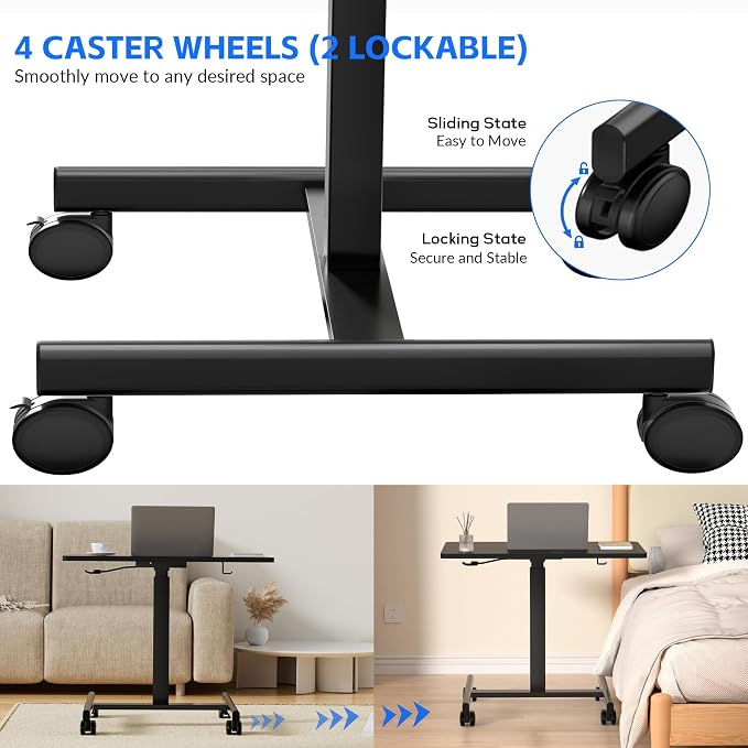 GallopFun Mobile Laptop Standing Desk Adjustable Height, Small Mobile Desk Workstation with Wheels, Portable Rolling Computer Desk Cart for Home Office Classroom (Black)