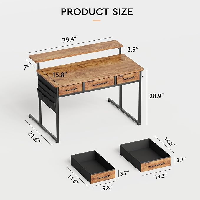 Maihail Small Desk with Drawers, 39.4X15.8-22.9 Inches Office Computer Desk with Side Pocket & Ergonomic Monitor Stand, Writing Table for Small Spaces, Bedroom, Rustic Brown