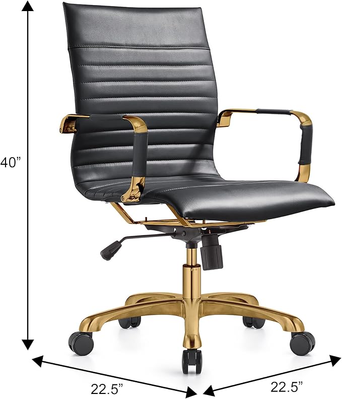 LeisureMod Harris Modern Ergonomic Executive Office Chair, High-Back Leather Conference Desk Chair with Adjustable Height, Tilt Control, 360° Swivel & Gold Frame for Home Office