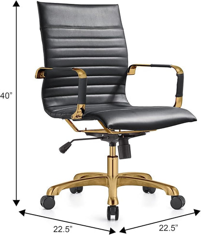LeisureMod Harris Modern Ergonomic Executive Office Chair, High-Back Leather Conference Desk Chair with Adjustable Height, Tilt Control, 360° Swivel & Gold Frame for Home Office