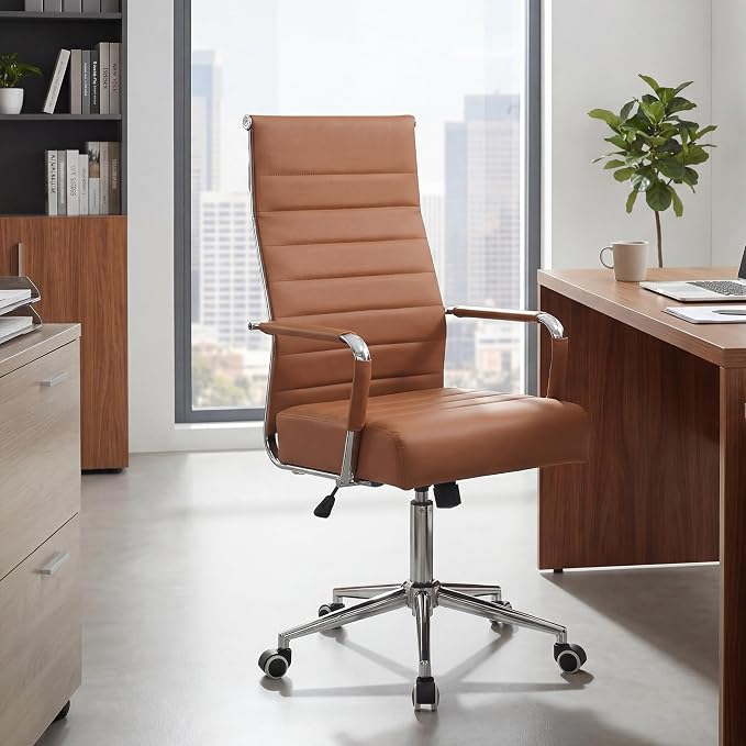 Office Desk Chair,Conference Room Chairs with Wheels and Arms, Modern PU Leather Ergonomic High Back Executive Ribbed Height Adjustable Swivel Chair for Home Office (Brown)