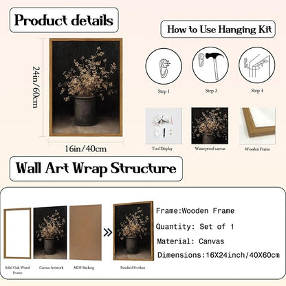 Framed Vintage Floral Wall Art, Rustic Dark Moody Flower Paintings Wall Decor, Retro Farmhouse Botanical Pictures Canvas Prints Neutral Aesthetic Home Decor for Living Room Bedroom 16x24inch