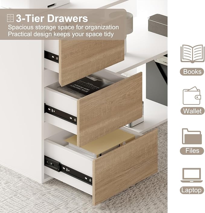 Bobve L Shaped Computer Desk, 47 Inch Home Office Desk with File Drawers & Storage Shelves, Small Corner Computer Desk for Small Space (White + Walnut)