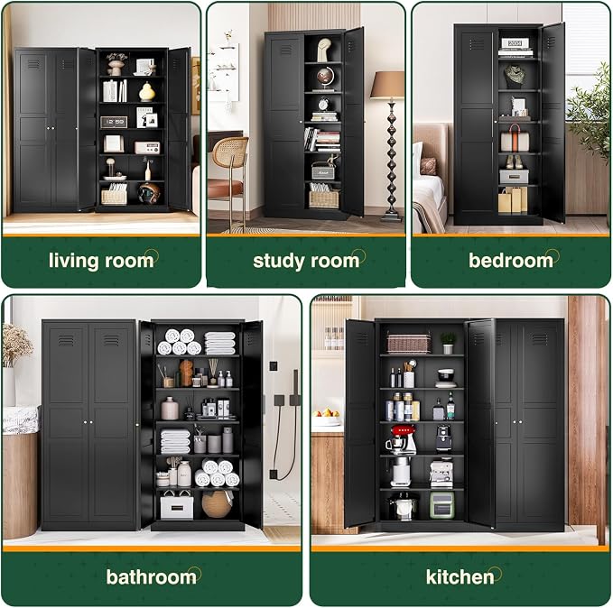 Letaya Black Storage Cabinet with Adjustable Shelves-Metal Home Kitchen Pantry Cabinets with Doors,Organization Locker for Cupboard/Bedroom/Dining/Living/Bathroom/Office/Garage Room
