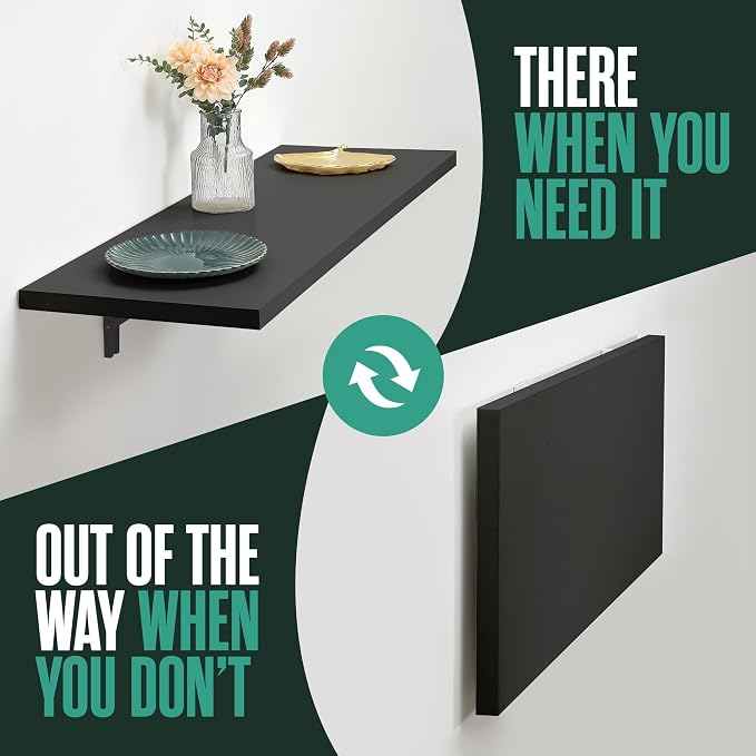 Houseables Wall Mounted Desk, Murphy Desk, Wall Mounted Folding Table, Laundry Folding Table, Fold Down Work Bench, Foldable Mount Station, Floating Bar, Hanging, Dining, Kitchen, Clothes, 48x16 Black