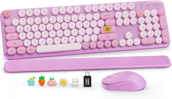 Wireless Keyboard and Mouse Combo, Round Keycaps, Full-Size Retro Typewriter Keyboard with Magnetic Wrist Rest, Tilt Legs, 2.4GHz Cordless Connection for Mac/Windows/PC, SABLUTE CK23, Lavender Purple