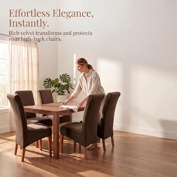 Deisy Dee Stretch XL/Oversized Extra Large Velvet Dining Room Chair Covers for Kitchen Dining，Removable Washable Chair Protectors Slipcovers (Brown, 2)