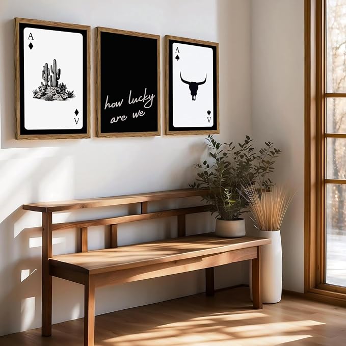 Western Wall Art Set of 3, Southwestern Cowboy Playing Card Wall Decor, Longhorn Bull Skull and How Lucky are We Poster Canvas Painting Prints for Bedroom Living Room 16x24 inch Wood Framed