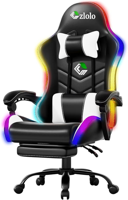 Czlolo Gaming Chair, 2026 Upgraded RGB LED Lights Computer Chair with Footrest, Lumbar Support Massager Gamer Chair, High Back, 90-135° Reclining, Linkage Armrests, White