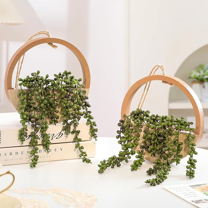 2 Pack Fake Plants Artificial Wall Hanging Plants, Boho Hanging Planter Fake Succulents Artificial String of Pearls in Wooden Pots with Lanyard for Home Office Wall Decoration
